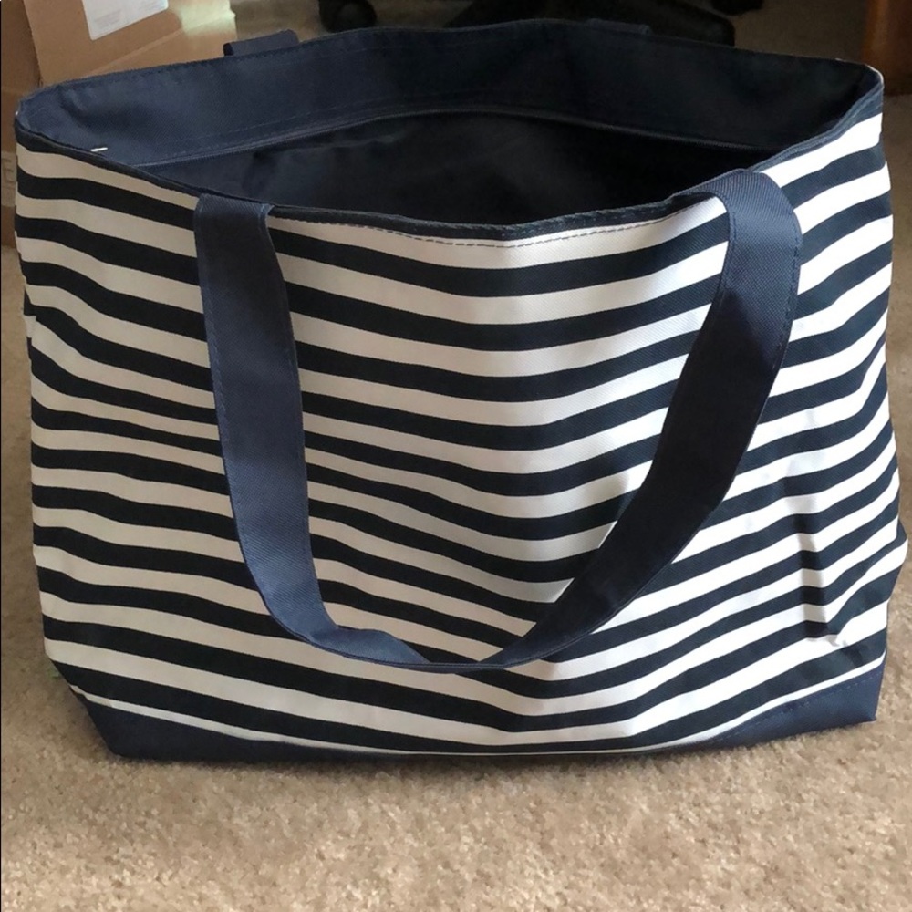 Navy and white striped tote